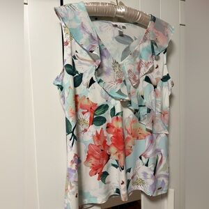 Calvin Klein Sleeveless Floral Ruffle Blouse Size Large Mint Coral Spring Top